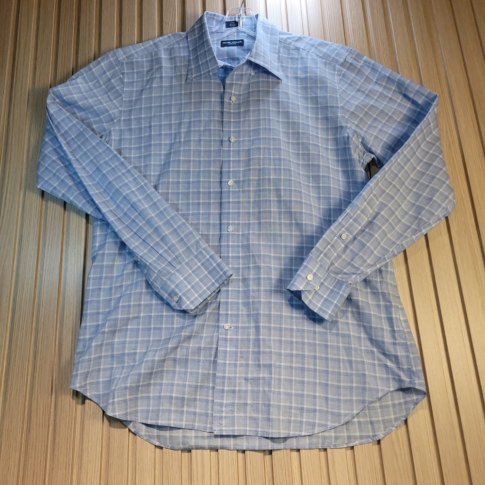 Peter Millar Collection Mens Blue White Plaid Cotton Button Down Shirt Large